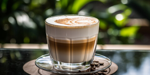 Freshly made hot cappuccino on glass table, angled top down, midday warm, close-up, centred shot - obrazy, fototapety, plakaty