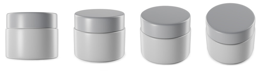 set of plastic cosmetic jar of containers, blank skin care product with cap, mock-up template design in different angles, 3D rendering illustration isolated on white background 