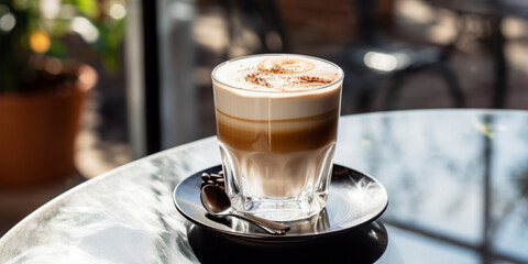Freshly made hot cappuccino on glass table, angled top down, midday warm, close-up, centred shot - obrazy, fototapety, plakaty