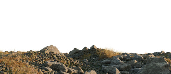 Desolate Rocky Hillside with Sparse Grass and Boulders. 3D rendering.