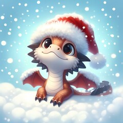 A cute little dragon in a Santa Claus hat looks up at the falling snow
