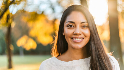 woman smiling in a beautiful park in autumn, concept of fulfillment in life