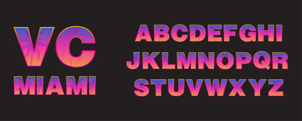 90's Miami inspired alphabet. 80's retro letters collection. Outrun typography with vivid colors and palm trees. Beach bar and club style. Sunset vibes. Florida city lettering. Vice aesthetic.