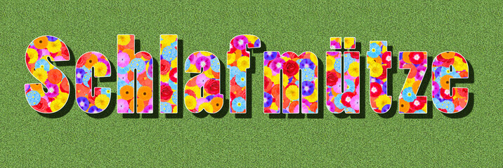 german word Schlafmütze means sleepy head, text written with colorful flowers on green background, graphic design, illustration