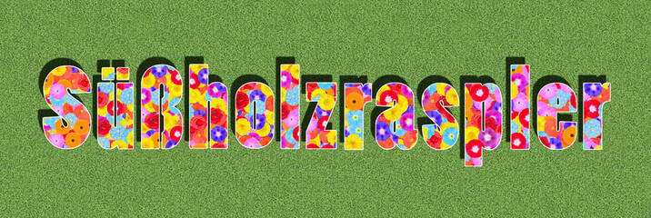 german word Süßholzraspler is a guy who speaks to a woman and tries always to find sweet words, text written with colorful flowers on green background, graphic design, illustration