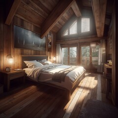 Small and cozy bedroom interior in Swiss chalet style house.