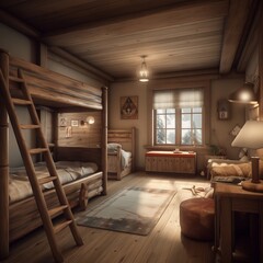 Fototapeta na wymiar Children room interior with bulk bed in traditional Swiss chalet.
