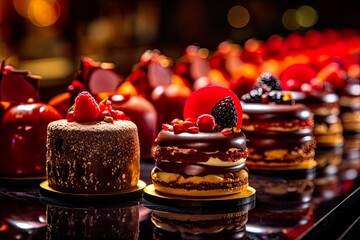 Délicieux petits fours, couverts de chocolat et décorés avec art. Pâtissier de France, gastronomie, dessert des Fêtes de fin d´année. Célébration culinaire.