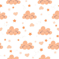 Seamless vector pattern with cute hand drawn clouds. Color trend 2024 Peach Fuzz. Fun background for kids room decor, nursery art, fabric, wallpaper, wrapping paper, textile, apparel, gift, packaging.