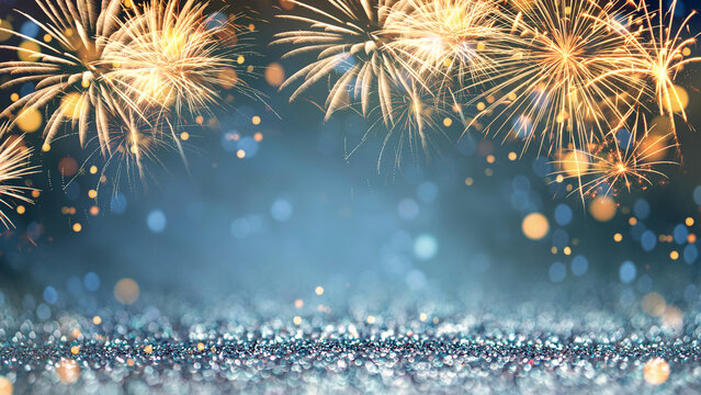 Vintage gold and blue Fireworks and bokeh in New Year eve and copy space. Abstract background holiday.