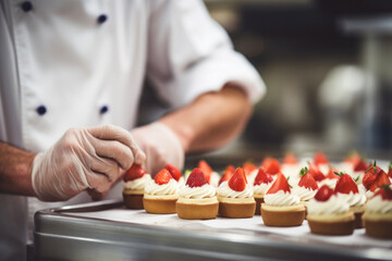 Obraz na płótnie Canvas Gourmet Chef Presenting Strawberry Cheesecakes