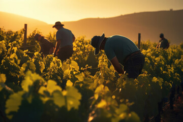 Peoples harvesting grapes in his vineyard at sunset