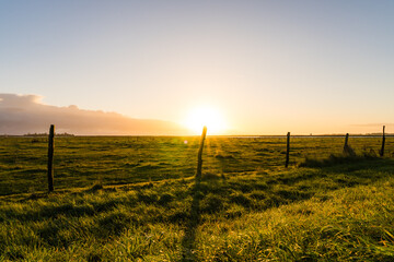 Sunrise over a flat meadow at the baltic sea near Greifswald with a fence in the foreground - obrazy, fototapety, plakaty