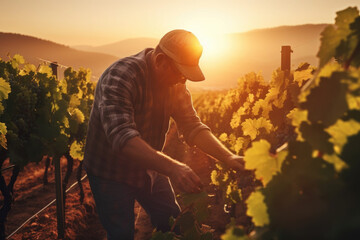 Man harvesting grapes in his vineyard at sunset