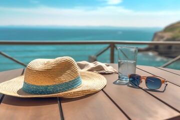 a hat and sunglasses on a table - obrazy, fototapety, plakaty