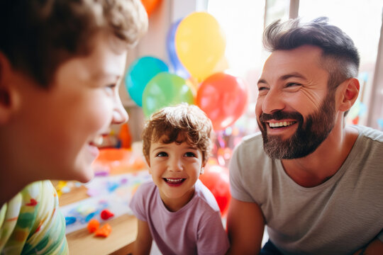 Joyous Home Celebration: Dad and Kids at Birthday Party