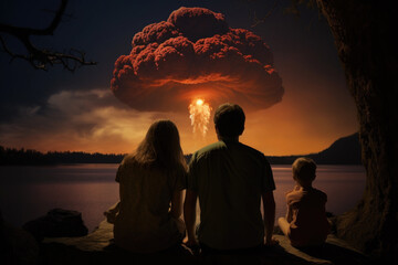 Back view of family sadly awaits their end together, watching explosion of atomic bomb. Nuclear war apocalypse concept.  - obrazy, fototapety, plakaty