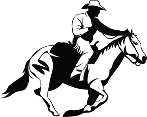 Fototapeta premium Cartoon Black and White Isolated Illustration Vector Of A Cowboy Riding A Horse Wearing a Stetson