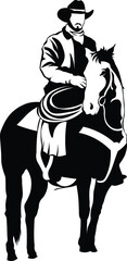 Cartoon Black and White Isolated Illustration Vector Of A Cowboy Riding A Horse Wearing a Stetson