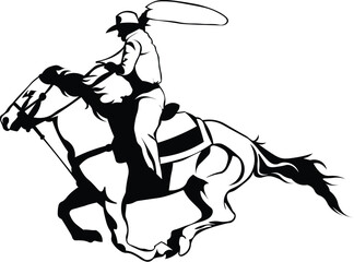 Cartoon Black and White Isolated Illustration Vector Of A Cowboy Riding A Horse Throwing a Lasso