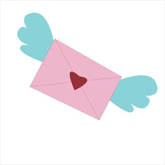Pink paper envelope with angel wings and red heart. Flat illustration of congratulations mail envelope. Holiday background.