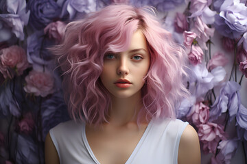 Portrait of a beautiful girl purple dyed hair decorated with flowers. Illustration