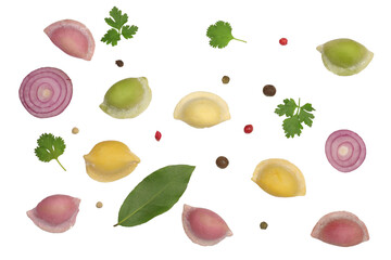 Dumplings and spices isolated on a white background, top view.