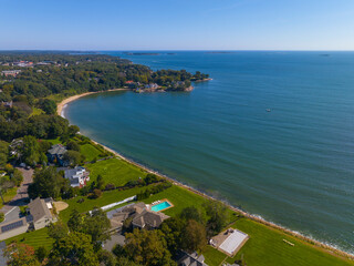 Patch Beach and Brackenbury Beach aerial view at Beverly Cove with Curtis Point at fall in town of Beverly, Massachusetts MA, USA. 