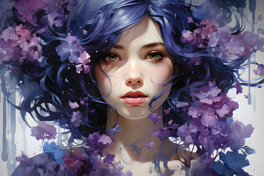 Portrait of a beautiful girl purple dyed hair decorated with flowers. Illustration