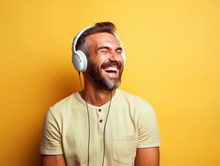 Happy man listening to music portrait on isolated background - ai generative - obrazy, fototapety, plakaty