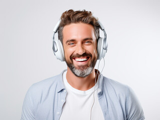 Happy man listening to music portrait on isolated background - ai generative