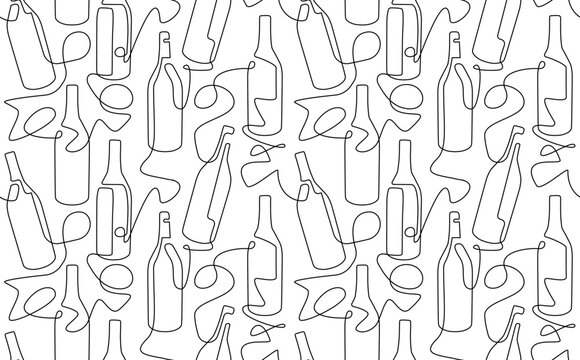 Wine hand drawn seamless pattern isolated on white background. Continuous line drawing style. Vector illustration.
