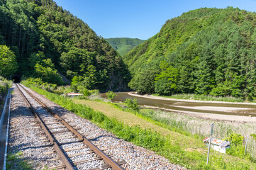 トンネルに向かう小海線の線路