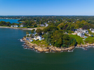 Fototapeta na wymiar Hospital Point Lighthouse aerial view at Hospital Point at Beverly Cove at fall in town of Beverly, Massachusetts MA, USA. 
