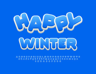 Vector playful banner Happy Winter. Cute Blue Font for Kids. Modern creative Alphabet Letters and Numbers set. 