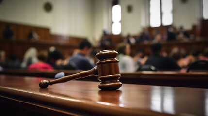 A gavel on a tabletop with blur background of courtroom that full of people . - obrazy, fototapety, plakaty