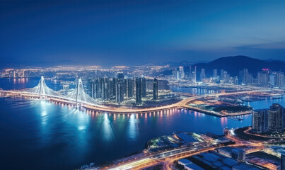 Aerial View of Busan's Gwangan Daegyo Bridge - Architectural Splendor Connecting City and Sea.