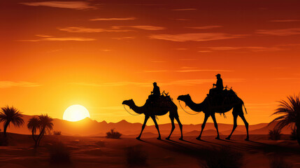 Evening Desert Voyage: Camels Under Vibrant Sunset Sk