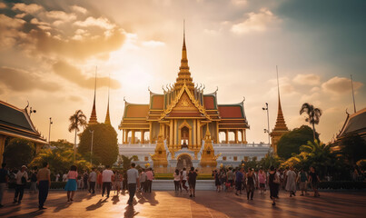 Grand Palace and Wat Phra Kaew Glowing in the Asian Sunset - A Landmark in Bangkok, Thailand. - obrazy, fototapety, plakaty