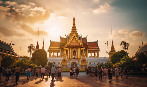 Fototapeta Grand Palace and Wat Phra Kaew Glowing in the Asian Sunset - A Landmark in Bangkok, Thailand.