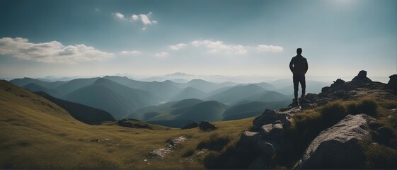 A lonely man enjoys the view of the summer mountains while he standing on a mountain peak


