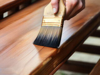Applying sealants with brush on wood like this. - obrazy, fototapety, plakaty