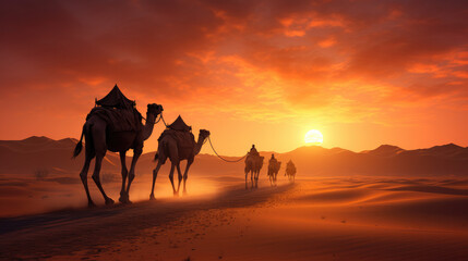 Fototapeta na wymiar Silhouettes of Camels on Desert Expedition Under Orange Sunset