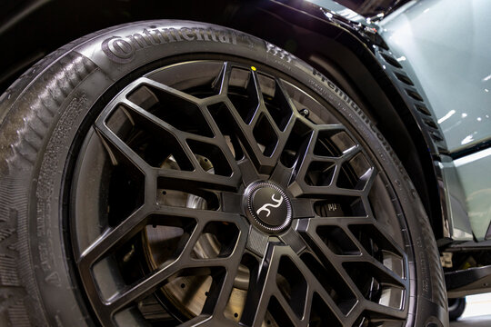 Nonthaburi, Thailand - Dec 6, 2023 : Wheel of YangWang U8. This model received a lot of attention because it is the most luxurious model of BYD in Thailand Motor Expo 2023 at IMPACT Challenger 1-3.