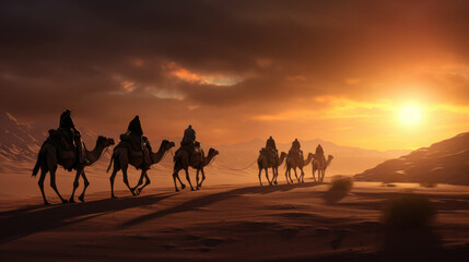 Fototapeta na wymiar Evening Desert Odyssey: Camels Against the Backdrop of a Setting Sun