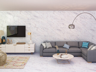 Modern luxury beautiful mock up scene of living room interior design and pattern wall background and picture frame and wooden roof, and white marble flooring and walls, wooden furniture. 3D Rendering