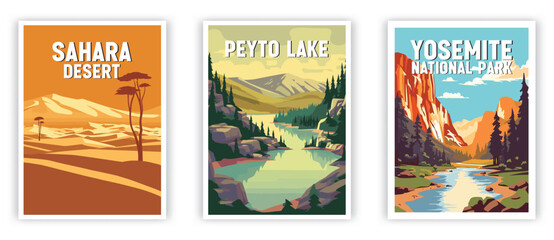 Sahara Desert, Peyto Lake, Yosemite National Park Illustration Art. Travel Poster Wall Art. Minimalist Vector art.