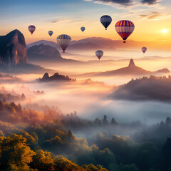 A cluster of hot air balloons over a misty valley