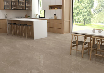 Kitchen in a modern style with a light worktop with sink, stove, oven, kitchen utensils, wooden countertop, wooden furniture storage shelfs, white table and chair, bookshelf at corner. 3D Rendering