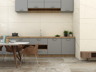 Morden Kitchen Interior with dining area, marble flooring, grey wooden kitchen shelves, a window with a lovely view, a plant for some fresh air, and other décor items, ceramic table. 3D Rendering